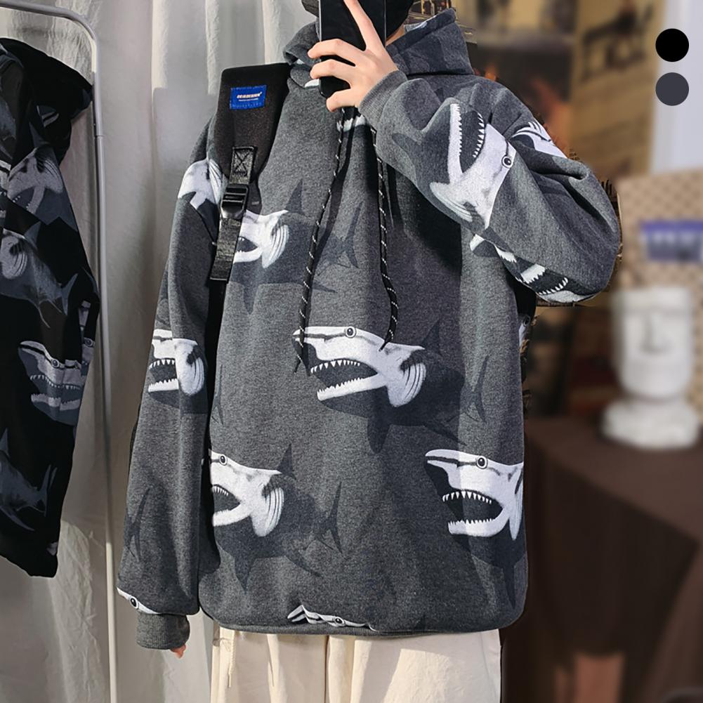 men fleece hoodie sweatshirts winter oversize male pullovers Sharks Print Long Sleeve Drawstring Hoodie Plush Thick Sweatshirt