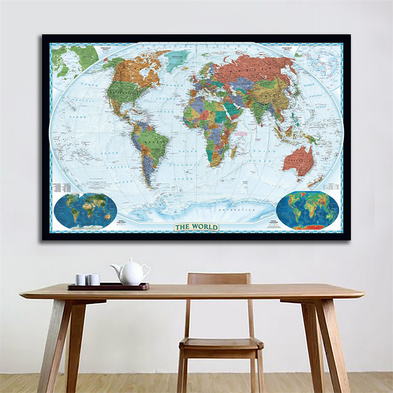 60 x 90cm verdens fysiske kortudgave verdenskort med landformer og landdækningskort fint lærredsmaleri til vægdekoration