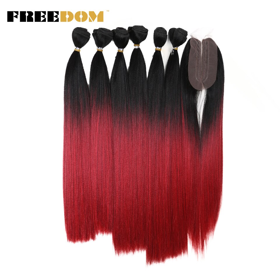FREEDOM mèches Yaki synthétiques lisses ombrées de 16 à 20 pouces avec Closure, extensions de cheveux, lot de 7 pièces: TT1B-REDC
