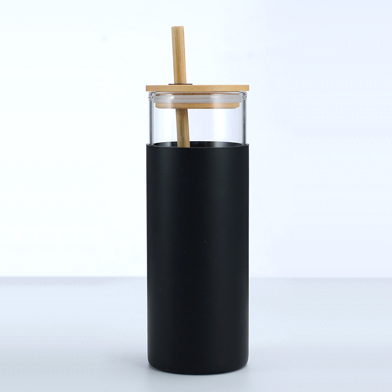 500ml bärbara silikonglas bambu lock halm vattenkopp sport vattenflaska kaffekopp med sugrör utomhus resa hemmakontor: Svart