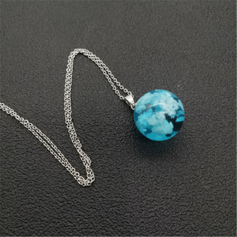 Handmade Blue Sky And White Clouds And Bird Gradient Pendant Necklace, Transparent Crystal Resin Pendant Jewelry For Women