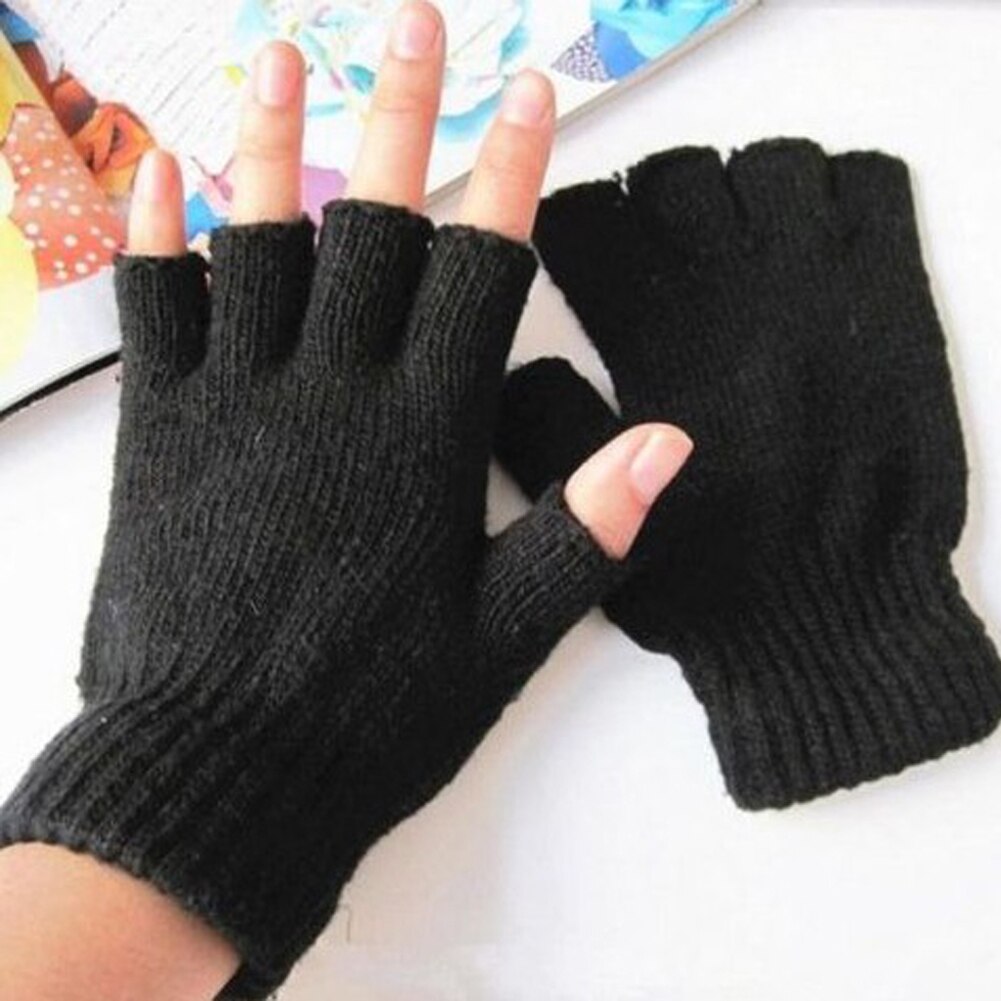 ! Guante a la muñeca de punto de lana sin dedos de medio dedo corto negro de invierno, entrenamiento cálido para mujeres y hombres
