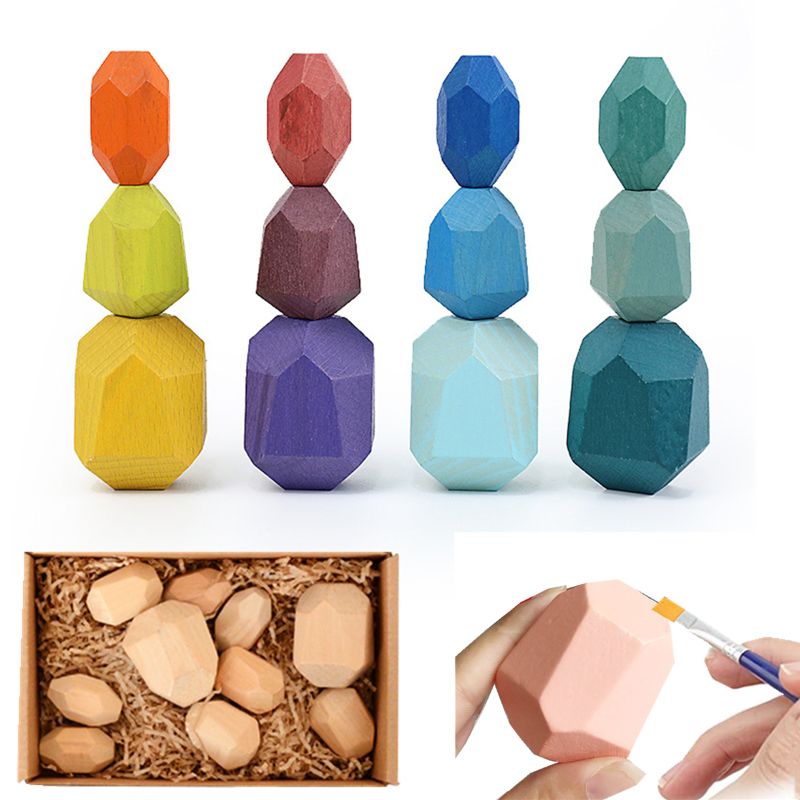 DIY Color Wooden Stone Building Block Educational Toy Nordic Style Stacking Game Wooden Toys colorless Stones Polished