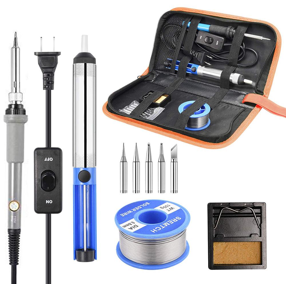 Soldering iron kit adjustable temperature 220V 60W solder welding tools Ceramic heater soldering tips Desoldering Pump: Gray / UK