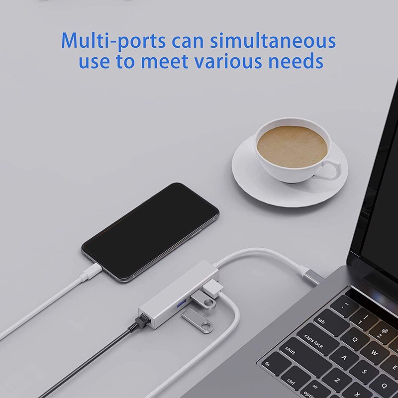 -USB-C to Ethernet Adapter with 3 USB Port, Type C Hub with RJ45 Ethernet Network MUltiport 4-In-1 (A, Silver)