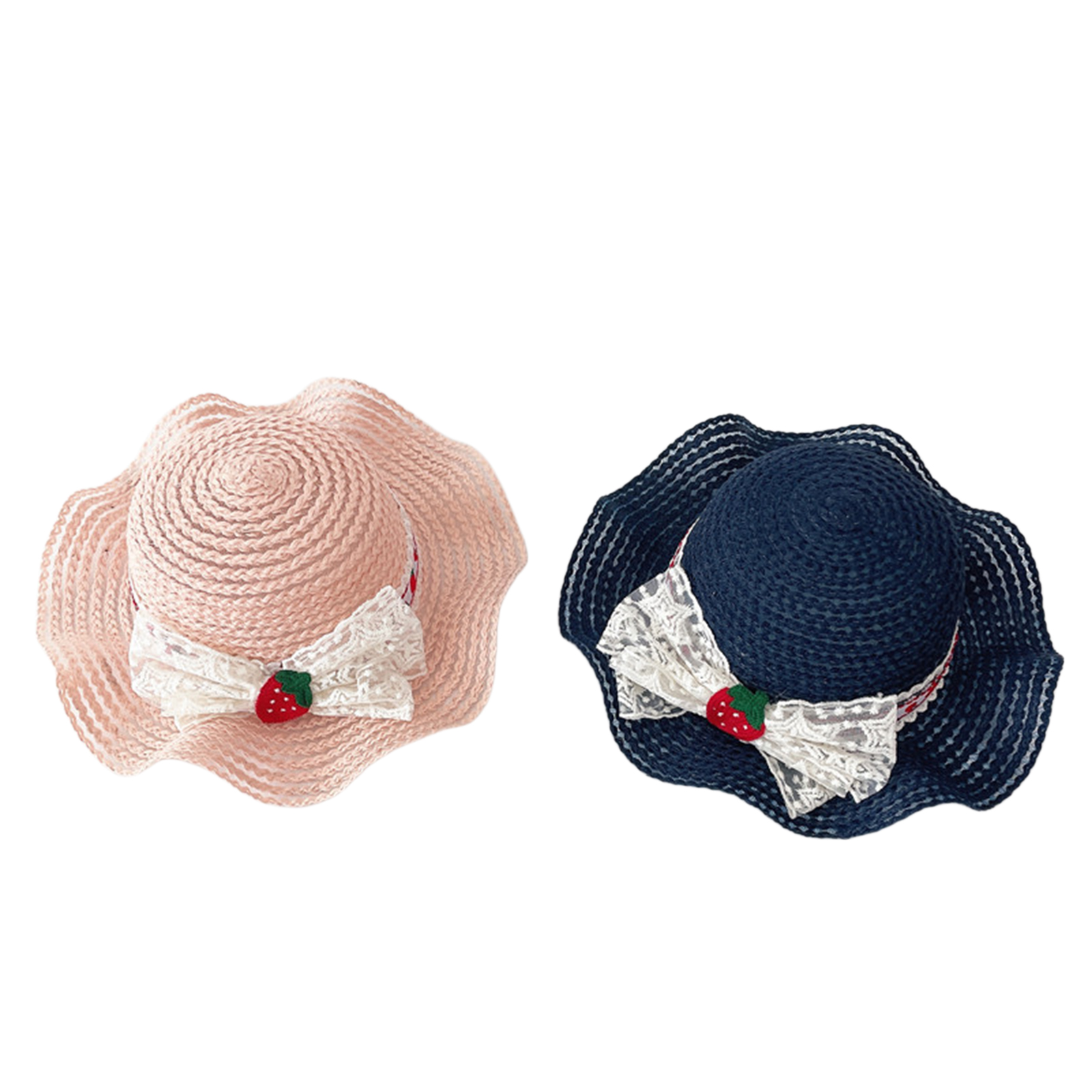 Kids Girls Boater Straw Hat Outdoor Wide Brim Seaside Summer Beach Flat Top Sun Caps Strawberry Bowknot Panama Straw Cap