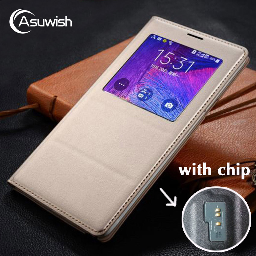 Asuwish Flip-Cover Ledertasche Für Samsung Galaxy Note 4 Note4 N910 N910F N910H Telefon Fall Abdeckung Smart View Mit original Chip