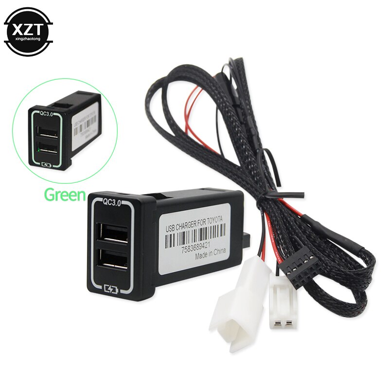 QC3.0 Quickcharge Car Charger Dual USB Phone PDA DVR Adapter Plug & Play Cable For Toyota series Cars: green