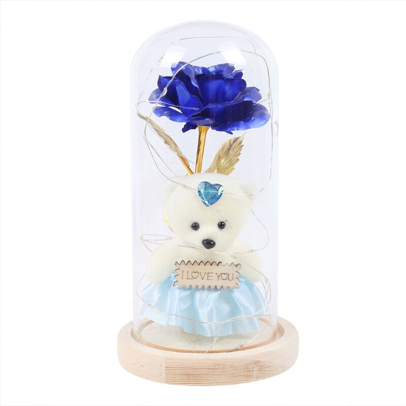 Gold Foil Rose Flower Bear in Glass Dome with LED Night Light Mothers Day Valentine's Day Wedding Party Decoration: 9