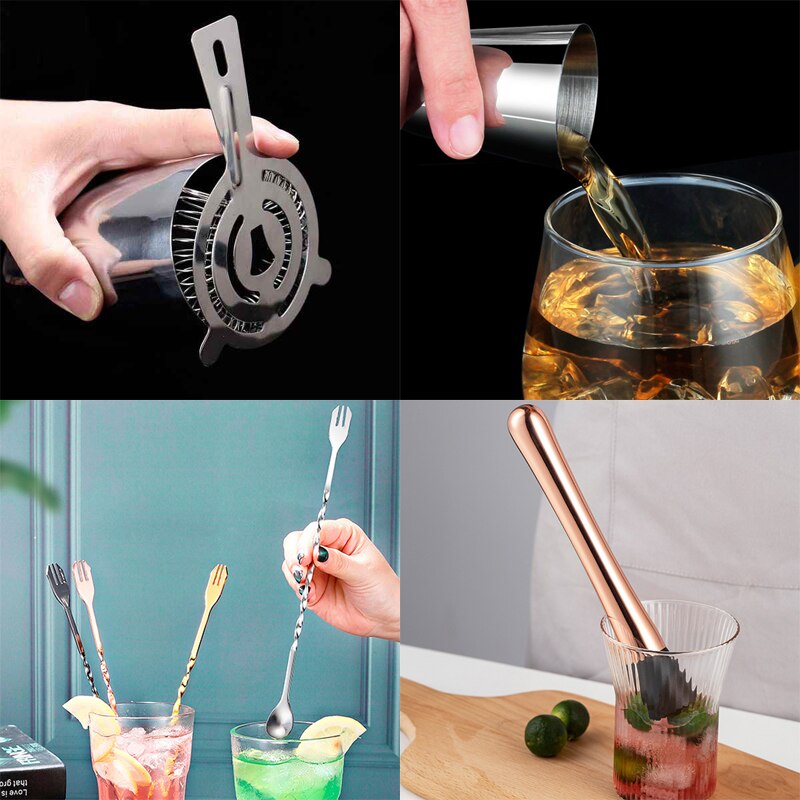 Martini Cocktail Shaker Set Bartender Kit: 5-7 Piece Bar Tools Wine Spoon Muddler Jigger Strainer with Stand Drinks Recipe