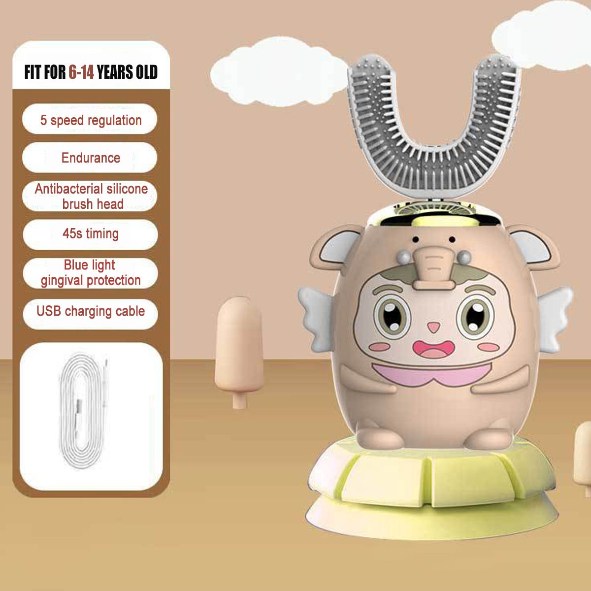 Children 5 Modes Automatic U Type Electric Toothbrush Intelligent Ultrasonic Toothbrush for 2-14 Years Old: Elephent