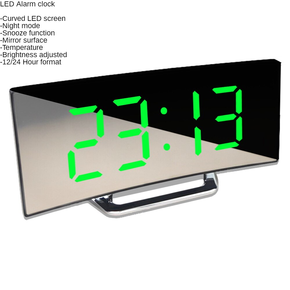 Digital Alarm Clock Desk Table Clock Curved LED Screen Clock Bedroom Temperature Snooze Function Home Decor for Kids: Green