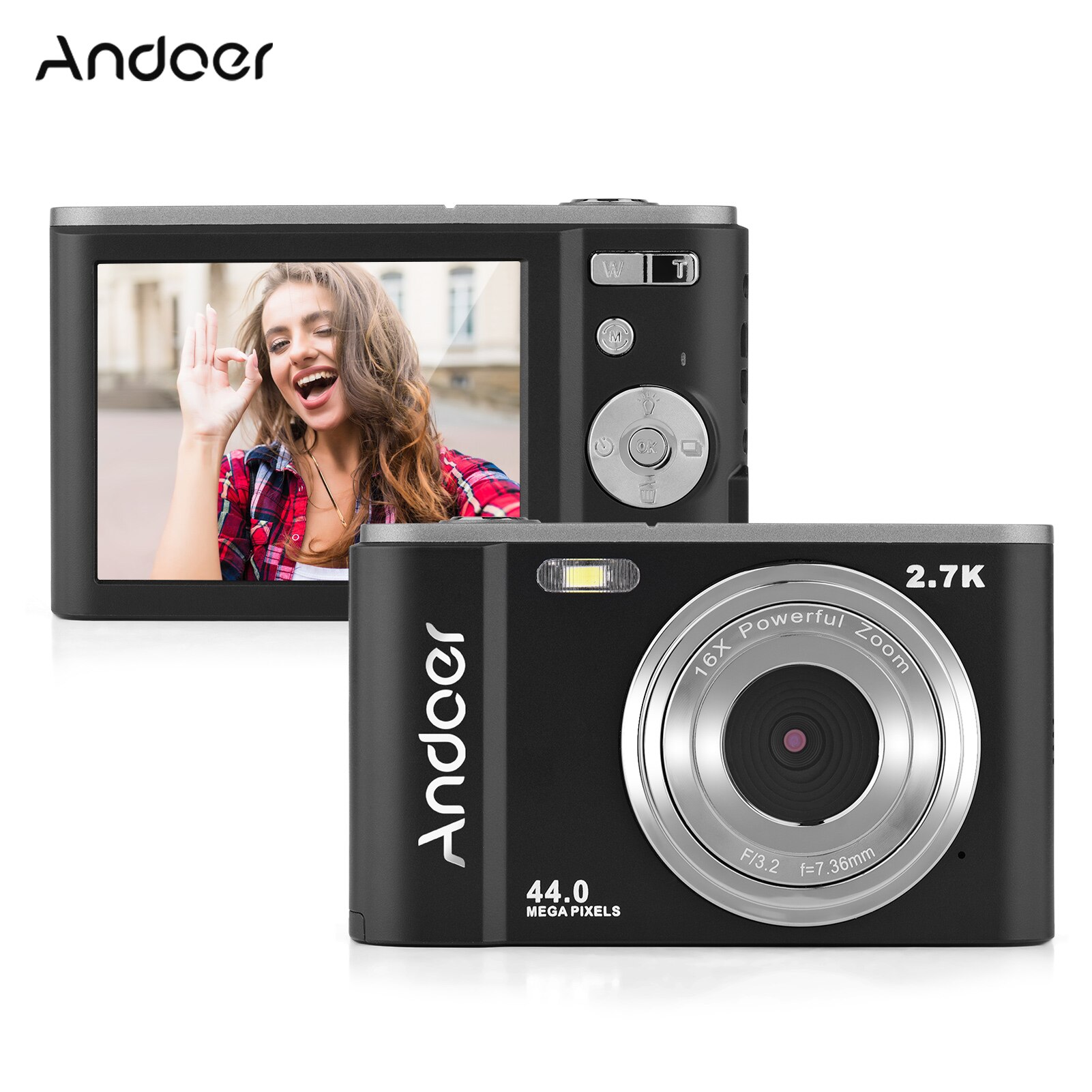 Andoer Mini Digital Camera 16X Zoom Self-Timer Face Detection Anti-shaking Built-in 1/4 Mounting with Hand Strap Carry Pouch