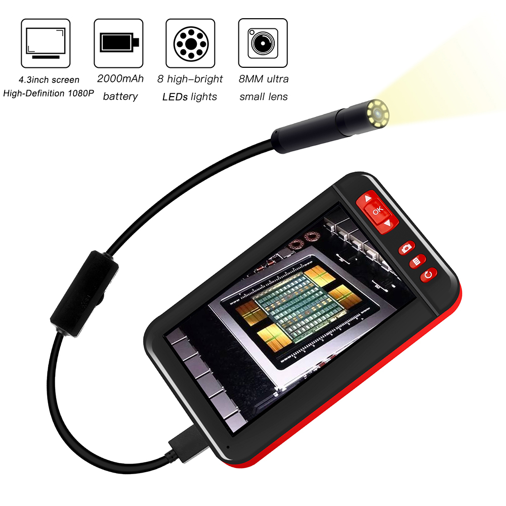 Caméra d'inspection endoscopique industrielle professionnelle, Endoscope intégré, 8 pièces led, objectif 8mm avec écran d'affichage 4.3 pouces 1080P