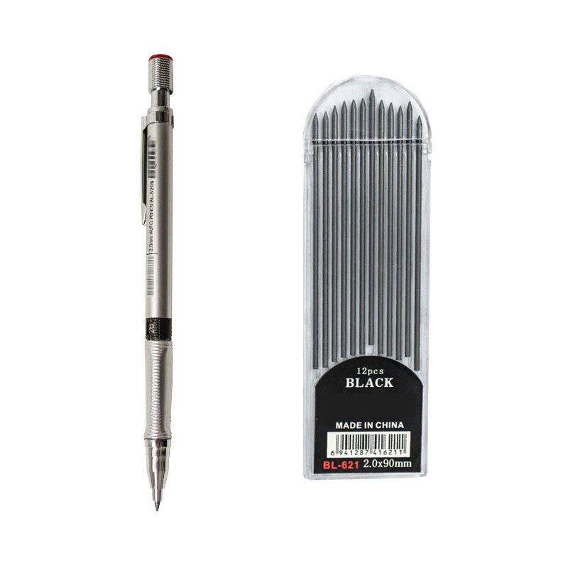 Automatic Mechanical Pencil 2.0mm Thick Writing Point Pencil Drawing Painting Black Refills School Office Stationery: 1 Pen SR Refills-BK