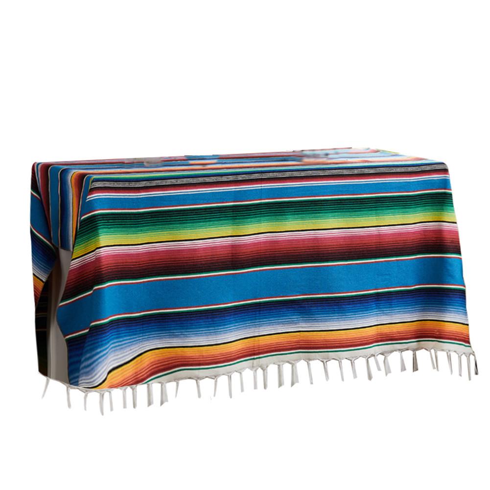 Ethnic Style Beach Blanket Cotton Mexican Indian Handmade Rainbow Blanket Home Tapestry Beach camping Picnic Travel Plane Mat: Blue / 150X180cm
