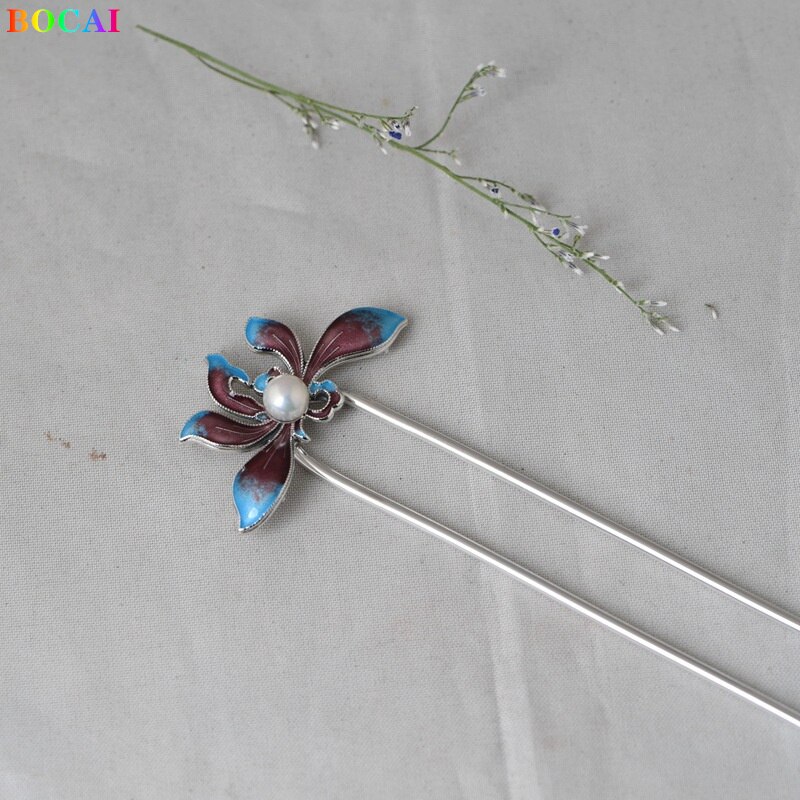 Bocai S925 Sterling Zilveren Haaraccessoires Populaire Cloisonne Pearl Emaille Hoofdtooi Pure Argentum Haarspeld Sieraden Voor Vrouwen