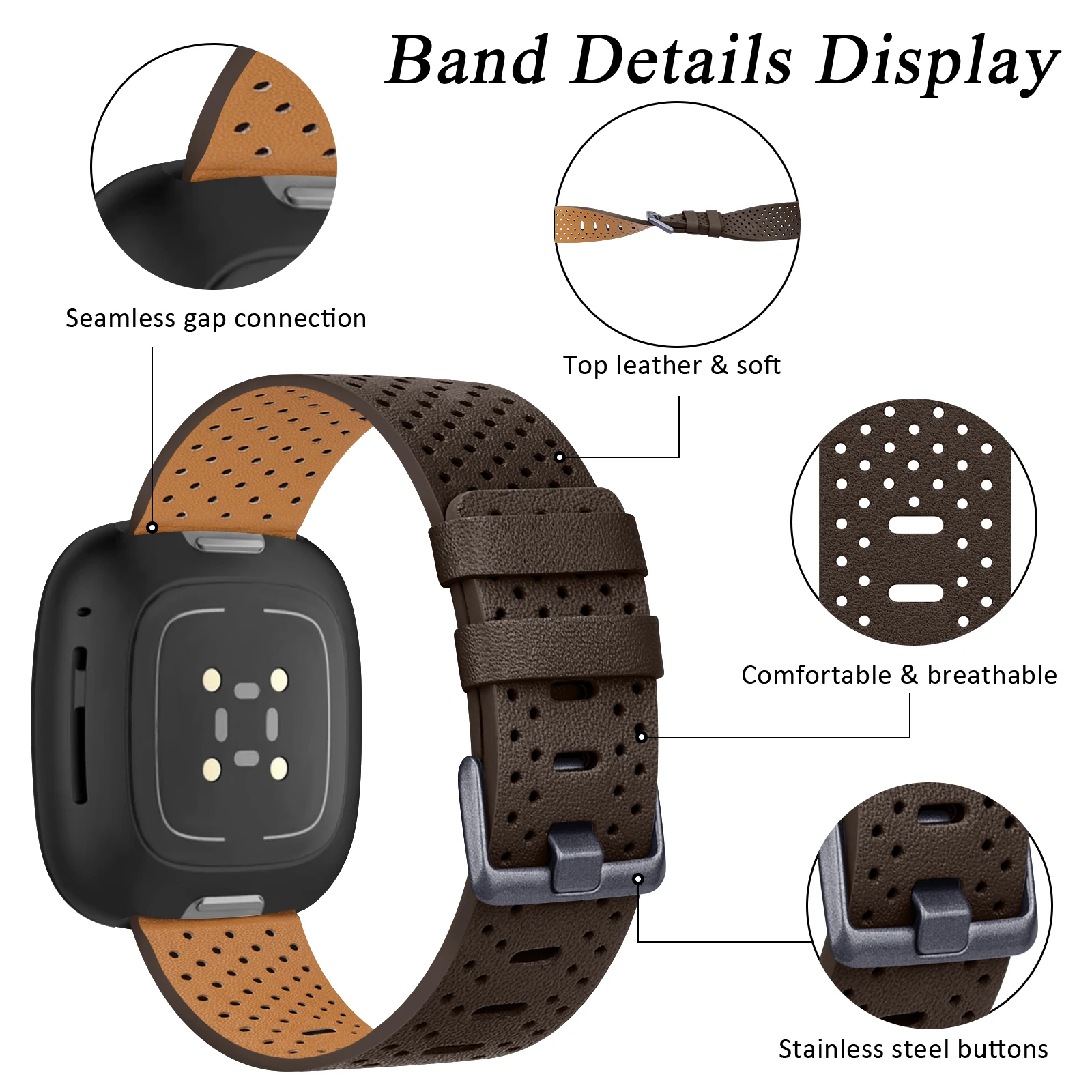 Correa de cuero transpirable de lujo para Fitbit Versa 3 Sense, pulsera de repuesto para reloj inteligente Fitbit Sense