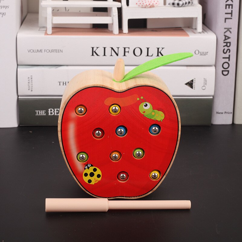 Baby Montessori Education Wooden Toys Kids 3D Matching Puzzle Magnetic Stick Strawberry Catch Worm Fishing Interactive Math Toys: Apple-TJ264