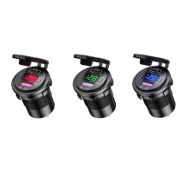 12V 24V Type C PD QC3.0 USB Car Boat Fast Charger With Voltmeter ON OFF Switch