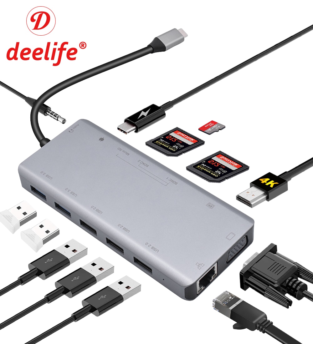 Deelife 13 Poorten Usb C Docking Station Hdmi RJ45 Vga Aux Pd Usbc Hub Voor Laptop Macbook Pro Met 3.5mm Hoofdtelefoon Jack Type C Hub