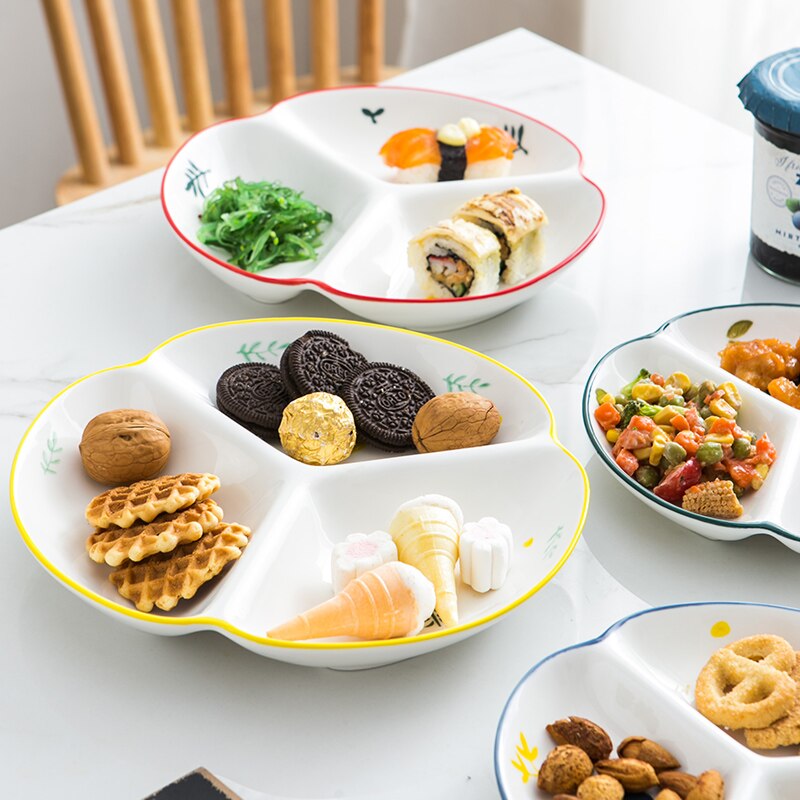 （9 inch Ceramic Three-divided Plate Fruit Bowl Snack Tray Porcelain Plates Candy Dish