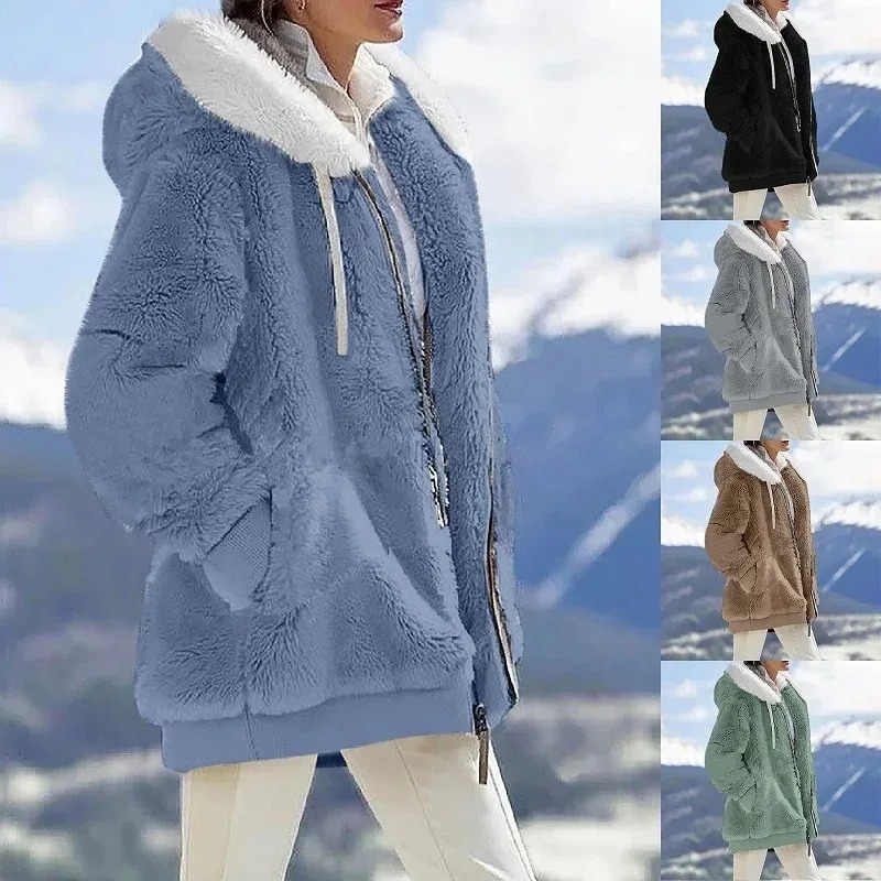 2024 hiver femmes manteau décontracté à capuche fermeture éclair dames vêtements cachemire femmes polaire veste couleur unie dames manteaux