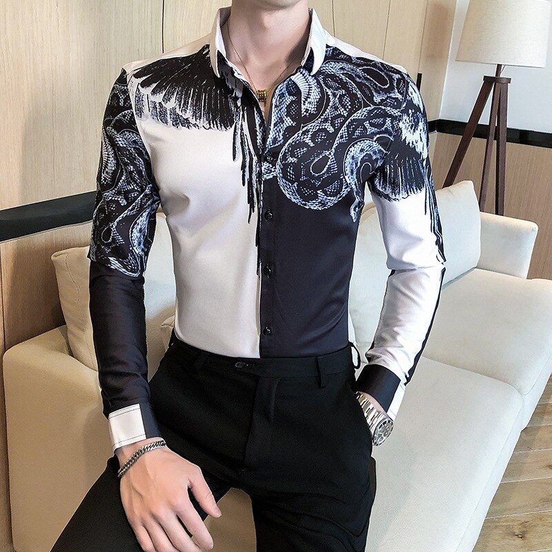 Long-sleeved shirt men's printed slim-fitting clothes trendy personality boys hair salon bottoming shirt