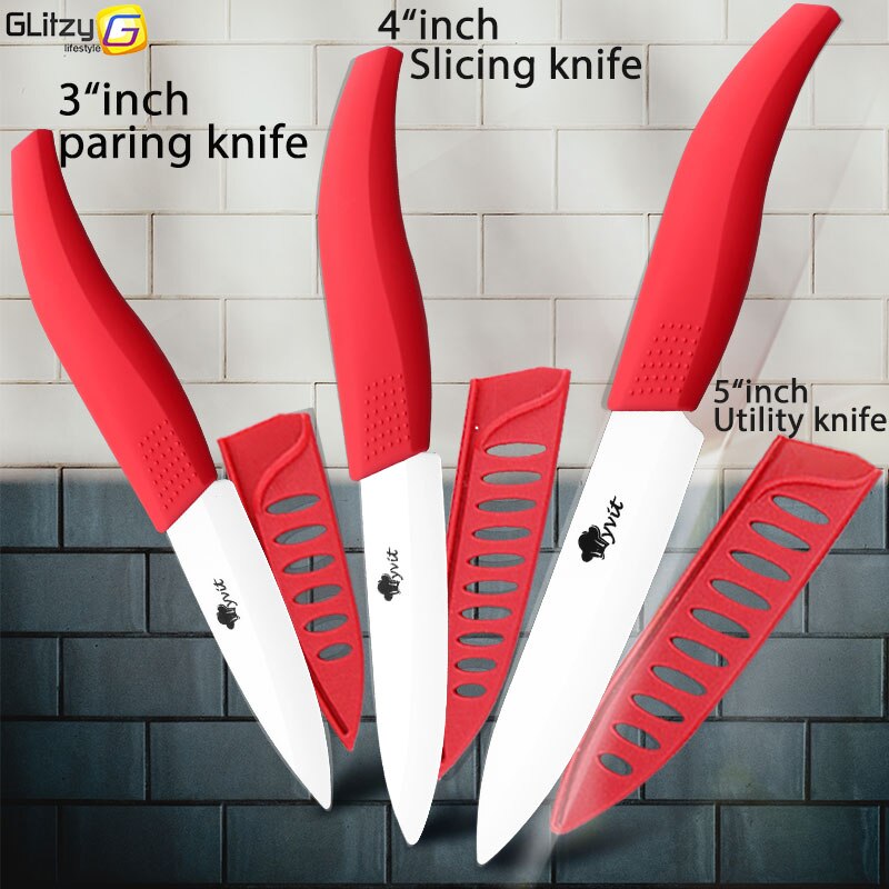 Ceramic Knife 3 4 5 inch Set Zirconia Black Blade Kitchen Chef Knives Three Piece Set Fruit Vegetable Color Anti-Slip Handle: 345 WHITE RED