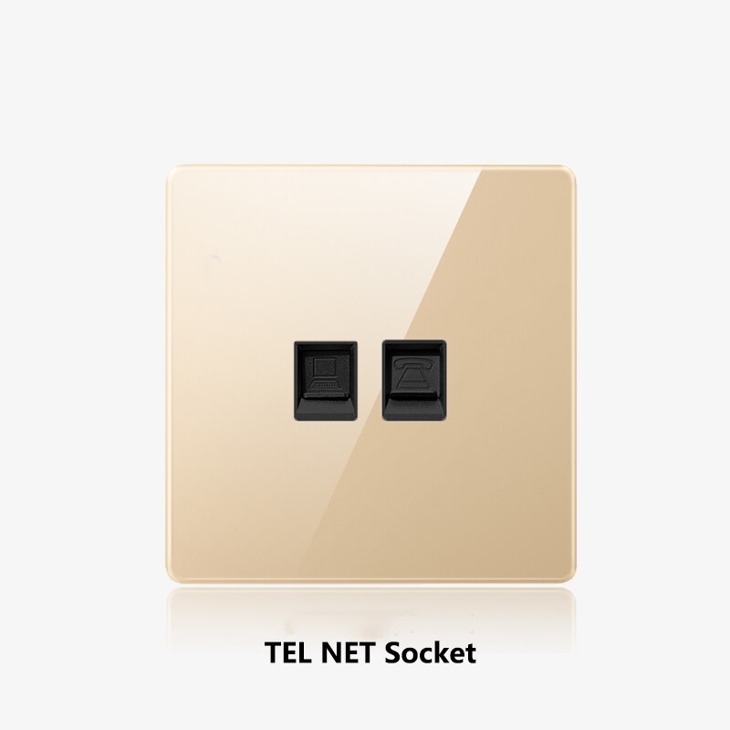 Atlectric wall socket netværk telefon lnterface flammehæmmende guld glaspanel cat 5 rj45 internet stikkontakt dual socket 86mm*86mm: 1 p 1c