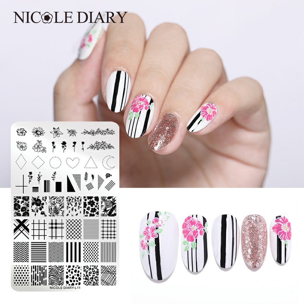 Nicole Dagboek Bloemen Patroon Nail Stempelen Platen Afbeelding Schilderen Nail Art Stencils Template Nail Stempel Gereedschap