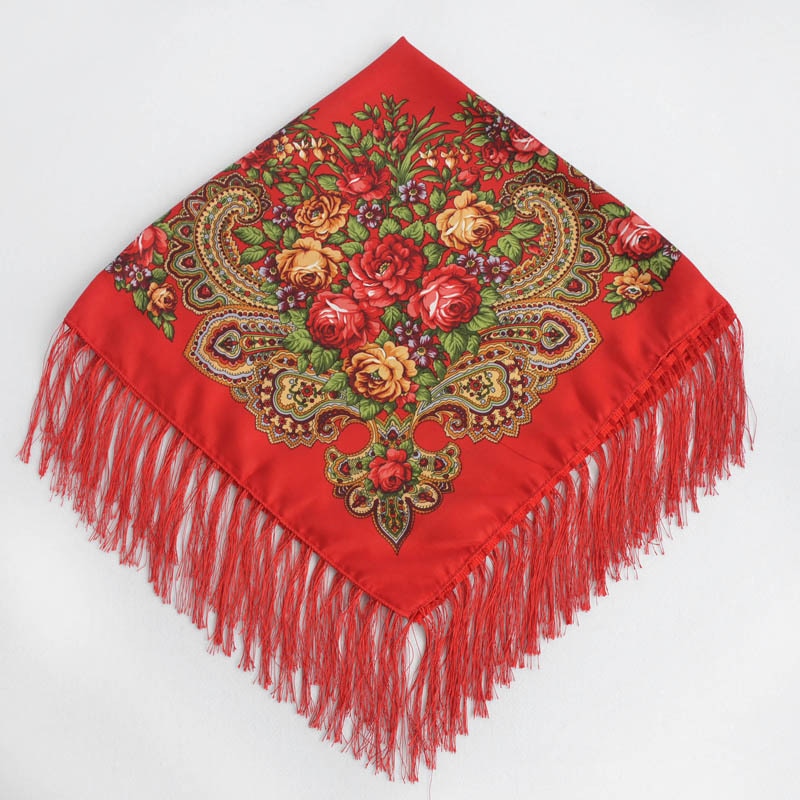 Chal de estilo ruso Pavlovo Posad, chal Vintage con estampado Floral, hiyab, bufanda con borlas, 35*35 '',: red