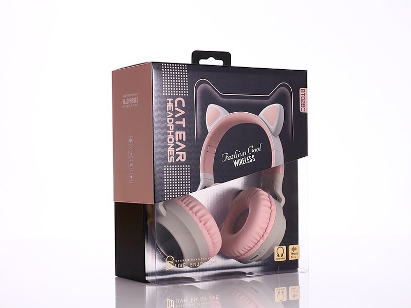 Cuffie Bluetooth a LED con orecchio di gatto cuffie carine, cuffie Bluetooth per bambini per ragazze cuffie vivavoce con luce incandescente cuffie da gioco: 028C gray pink box