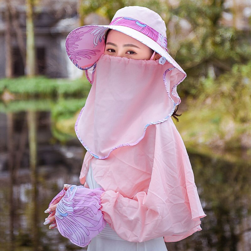 Ymsaid Chiffon Flowers Big Eaves summer hats for women Foldable Covered Face Neck Cycling Anti Uv Sun Hat: Pink Hat shawl