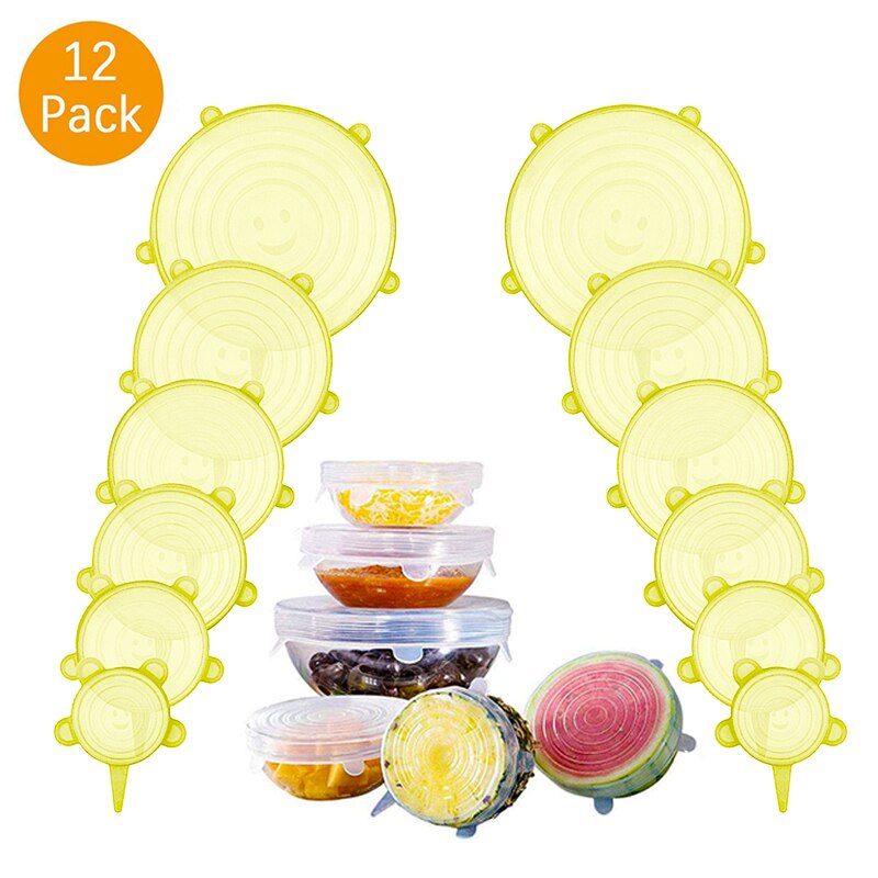 Juego de tapas de 6 piezas hechas en silicona tapas reutilizables cubiertas herméticas para almacenar comida tapas selladoras de recipientes de varios tamaños cubiertas elásticas para envoltura utensilios de cocina: 12PACK YELLOW