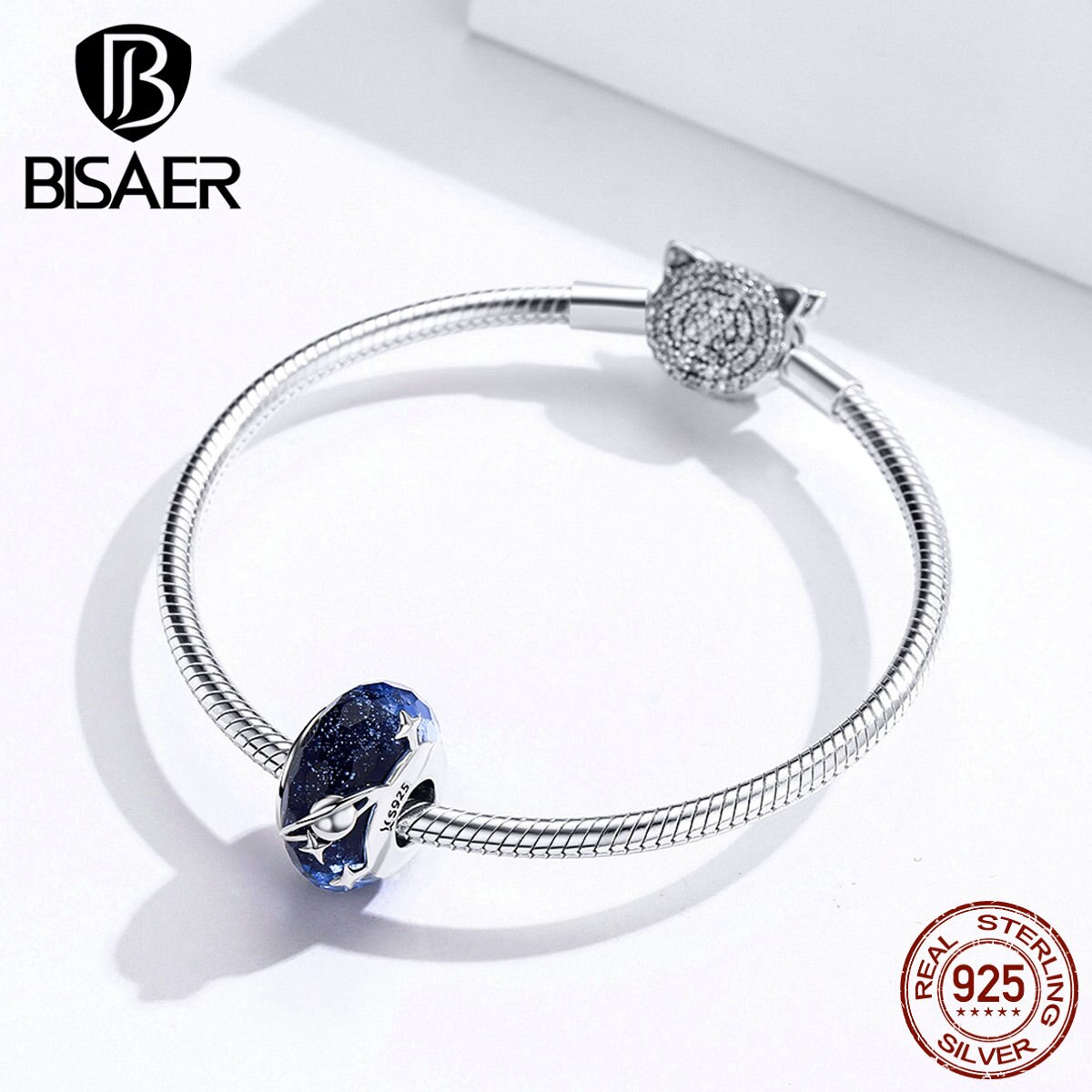 European Glass Beads BISAER 925 Sterling Silver Star Planet Glass Beads Charms fit Bracelets Bangles Silver 925 Jewelry ECC1284