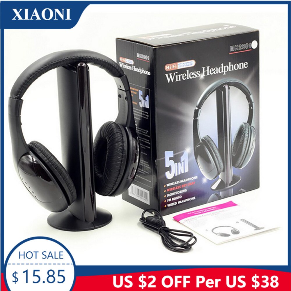 5 In 1 Hi-Fi Draadloze Headset Hoofdtelefoon Oortelefoon Voor Pc Laptop Tv Fm Radio MP3 Black Gaming Hoofdtelefoon Draadloze hoofdtelefoon