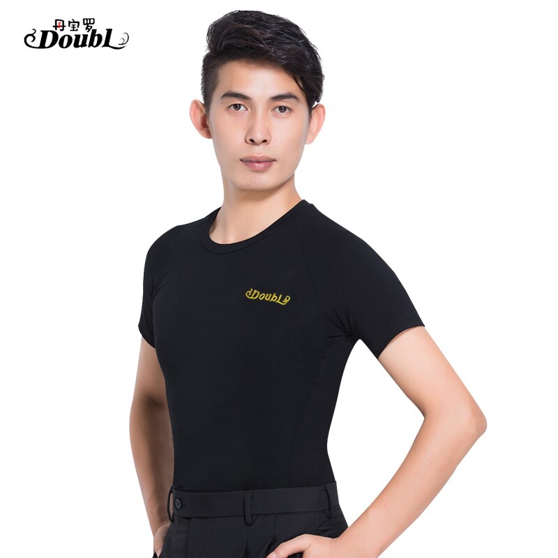 Doubl herren Tanz Tops Kostüm Erwachsene Latin T hemd V Rundhals Kurzarm Moderne Standard Schwarz Tragen sie Bequeme kleidung: Black round-neck / M