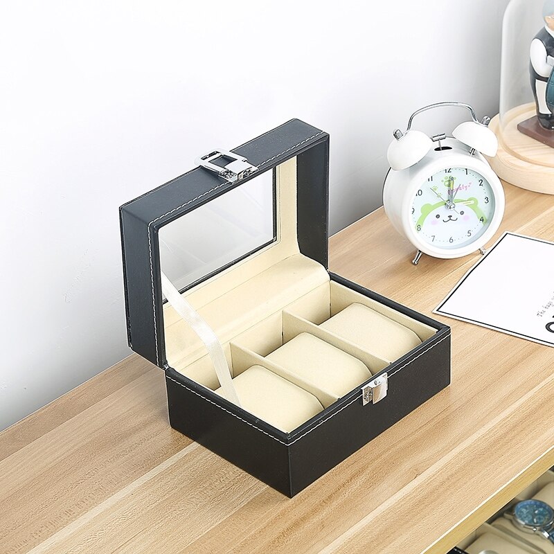 Caja para reloj con rejilla 2/3/6/10/12, estuche protector de cuero PU para reloj, organizador para relojes de cuarzo, joyeros con pantalla y cierre, el mejor: 3 Grids