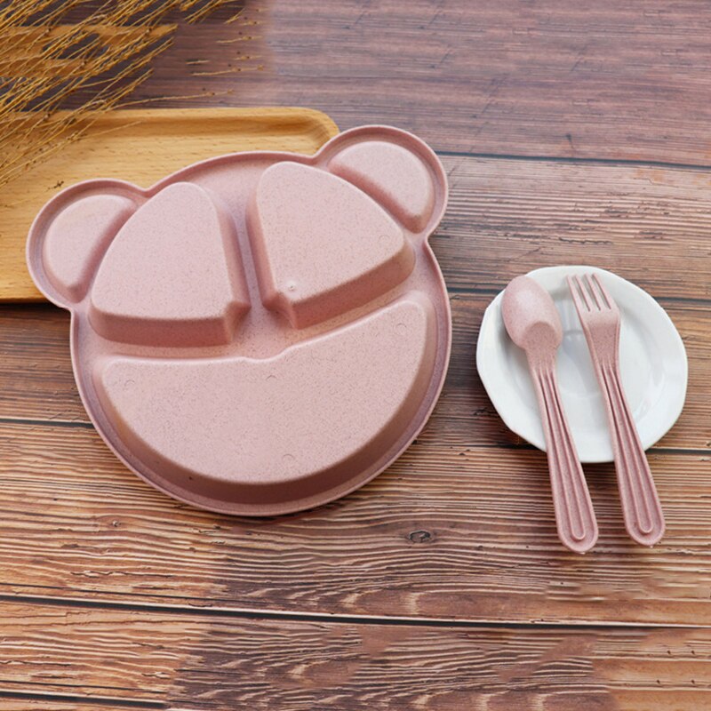 3 stk / sæt baby skål + ske + gaffel fodring mad bordservice tegneserie bjørn børn retter spiser porcelæn anti træning middag plade