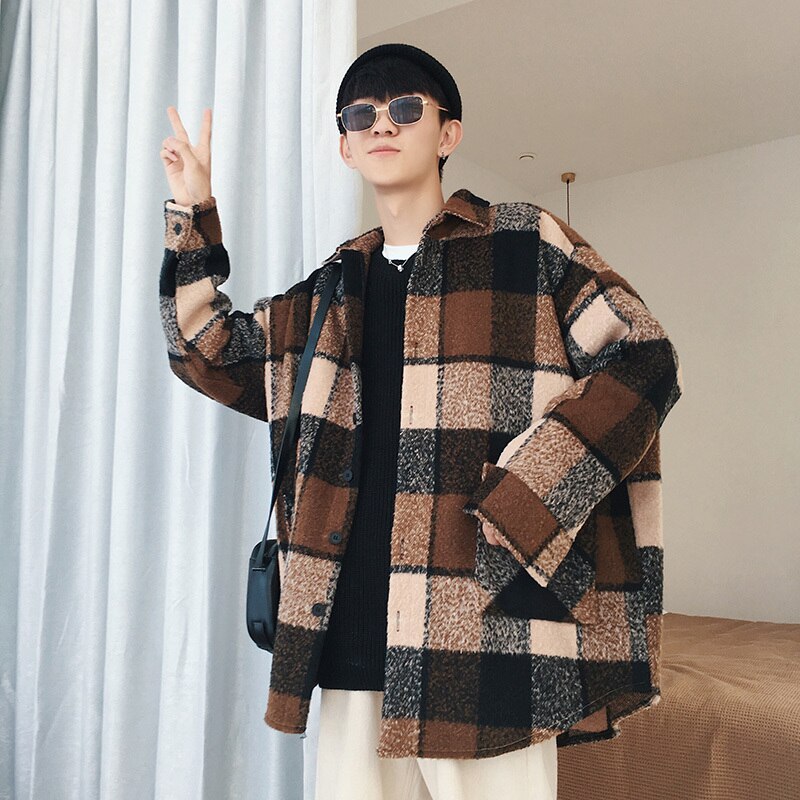 Rutig skjorta herr casual lös ulljacka karl man höst streetwear manliga kläder långärmad skjorta