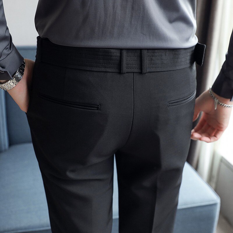 Pantalon de costume avec ceinture pour homme, Style anglais, décontracté, Slim, longueur cheville, noir, automne hiver