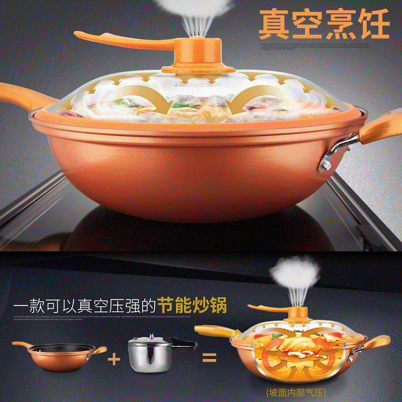 32cm Ijzeren Pot Huishouden Keuken Inductie Fornuis Universele Pan Vacuüm Wok Non Stick Pan Geen Olie Rook Pot Pan met Cover