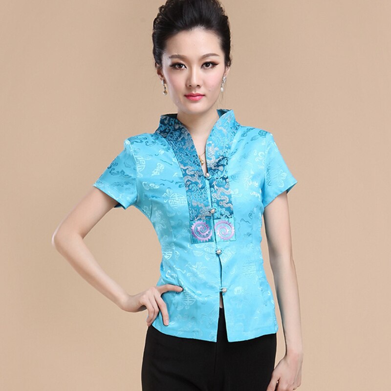 Summer women top Tang suit hanfu women топ middle-aged and elderly mother colothing Chinese style cheongsam shirt plus size: blue / M