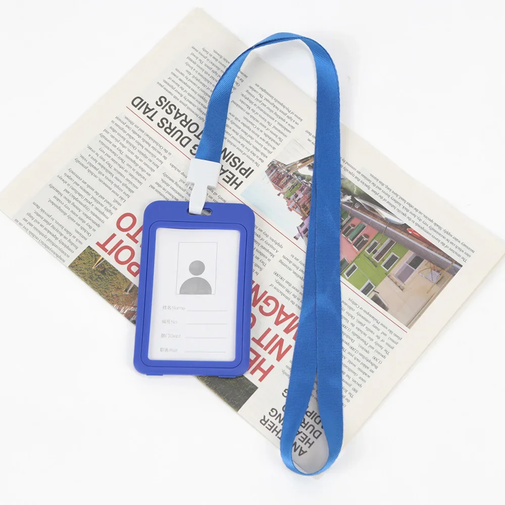 Soporte de tarjeta de identificación de Color de trabajo Unisex, cordón, funda de identificación, doble transparente, exposición de negocios, correa para colgar en el cuello: Azul