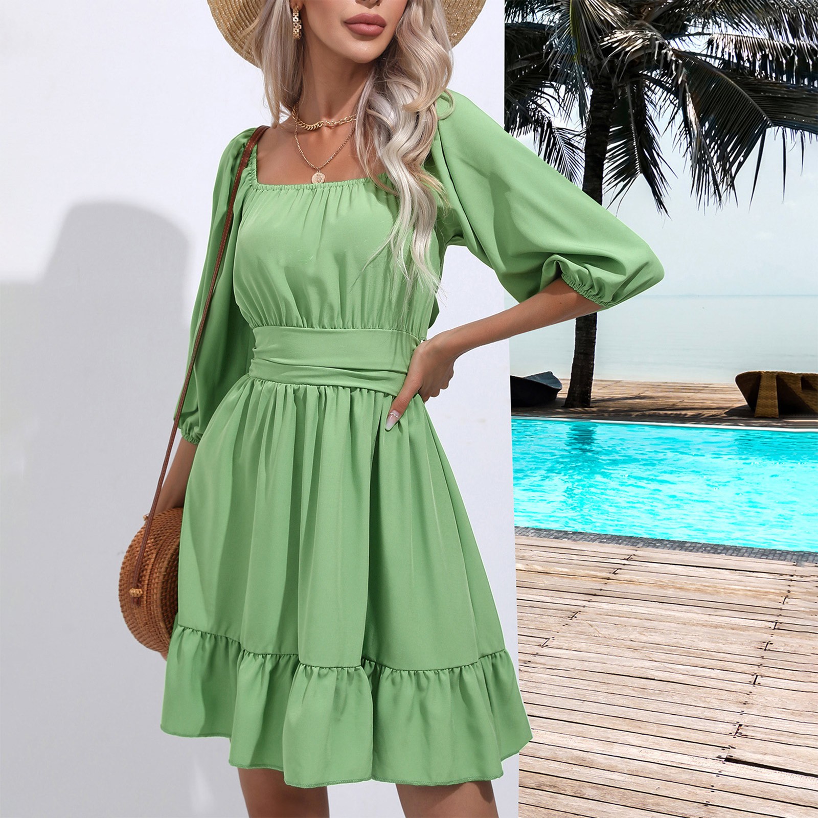 Summer Women Dresses Square Collar Bohemian Ruffles Elastic Above Knee Mini Dress Half Sleeves Vintage Gothic Dress Vestidos: L / green