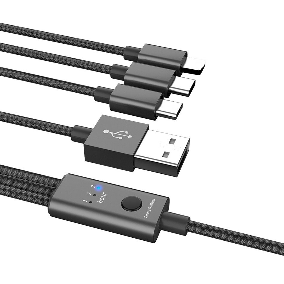 TQUQ 3 w 1 automatyczny, duża moc wyłączania kabel ładowania funkcja odliczania czasu przewód ładowarki USB telefon komórkowy kabel do ładowania czas regulacji: Gray
