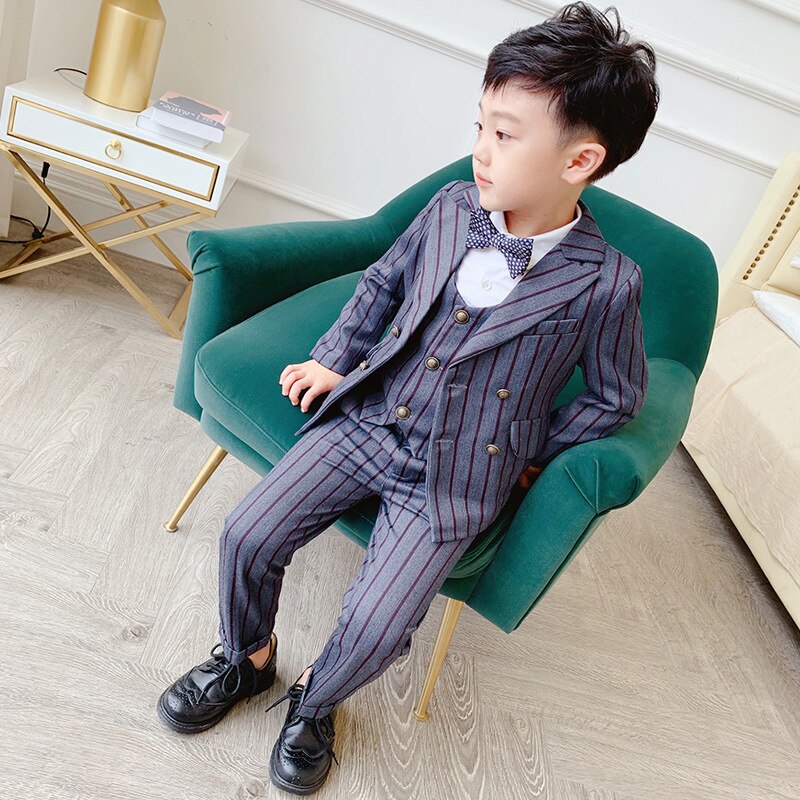 Pojkar formell kostym set barn randiga kavajväst byxor 3 st klädeset barn smoking för bröllopsfest prestanda kostym: Grå 3 st / 9t