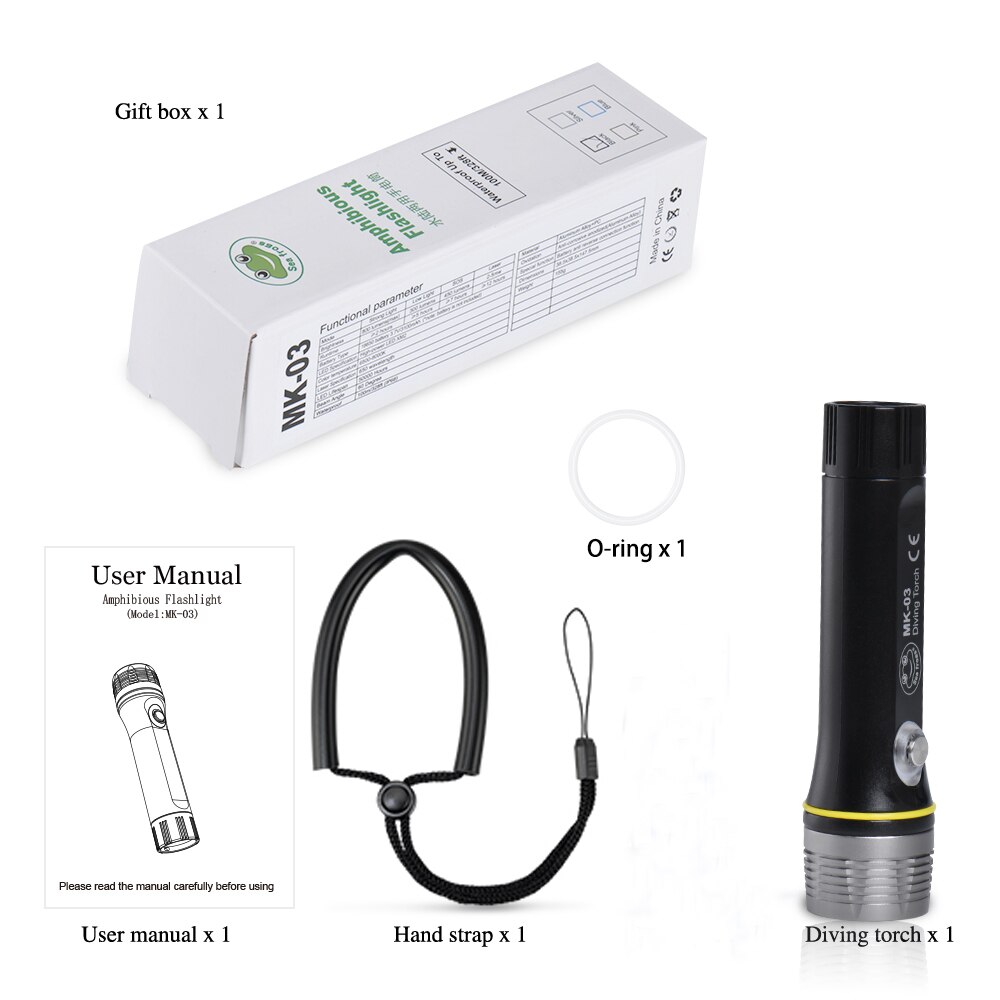 Super bright Diving Flashlight IP68 highest waterproof rating diving light Powered by 18650 battery With hand rope: Light Only
