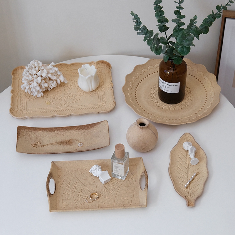 Retro Wooden Storage Tray Carved Shell Trays Earring Pendant Jewelry Plates Holder Snack Bread Candy Storage Organizer